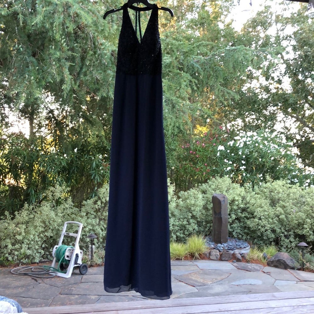 Aidon mattox blue beaded gown